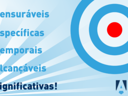 Alvo e a palavra METAS detalhada em Mensuráveis, Específicas, Temporais, Alcançáveis e Significativas